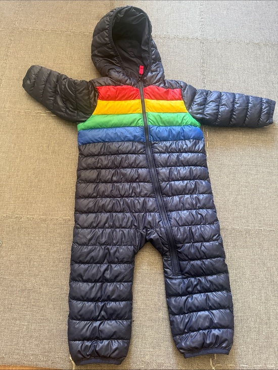 Primary Other - Primary Navy Puffer One-Piece with Red, Yellow, Green, and Blue Stripe